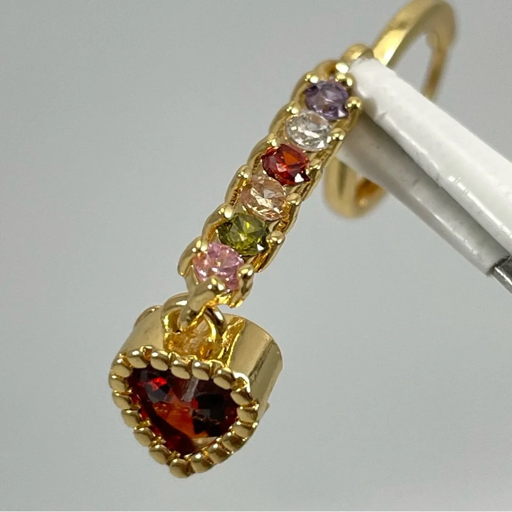 Cute Unsigned Gold Tone Red Pink Purple Rhinestone Heart Hoop Dangle Earrings